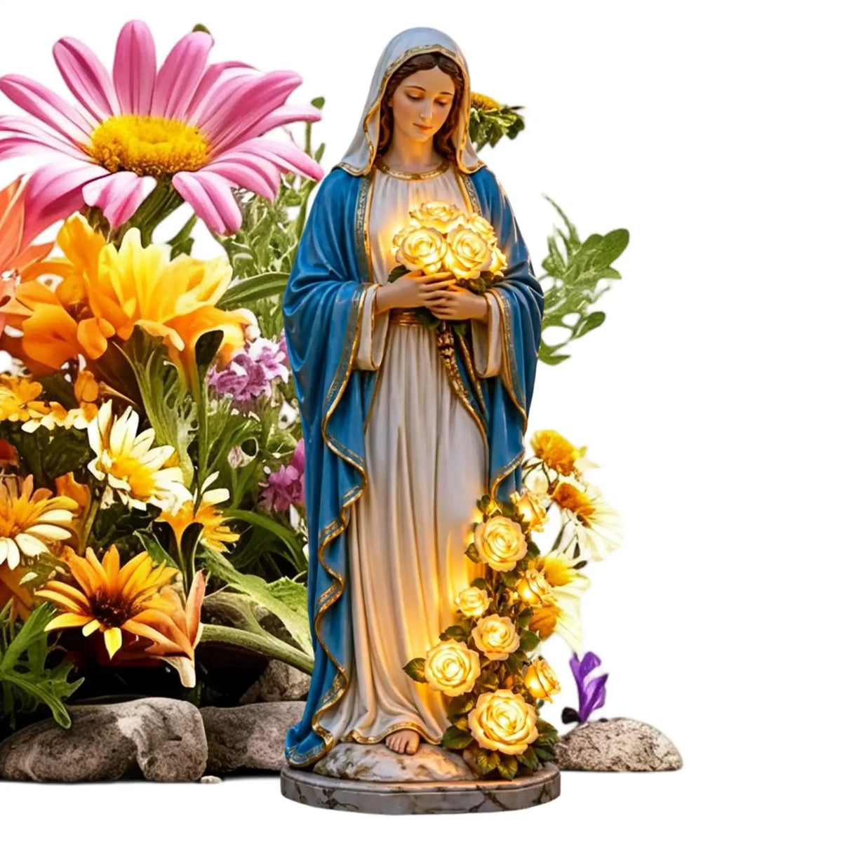 statue religieuse bleu blanc doré robe ornée roses classique extérieur jardin patio