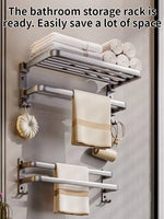 étagère rangement bain moderne pliable barre serviettes crochets gris métallique fixation murale