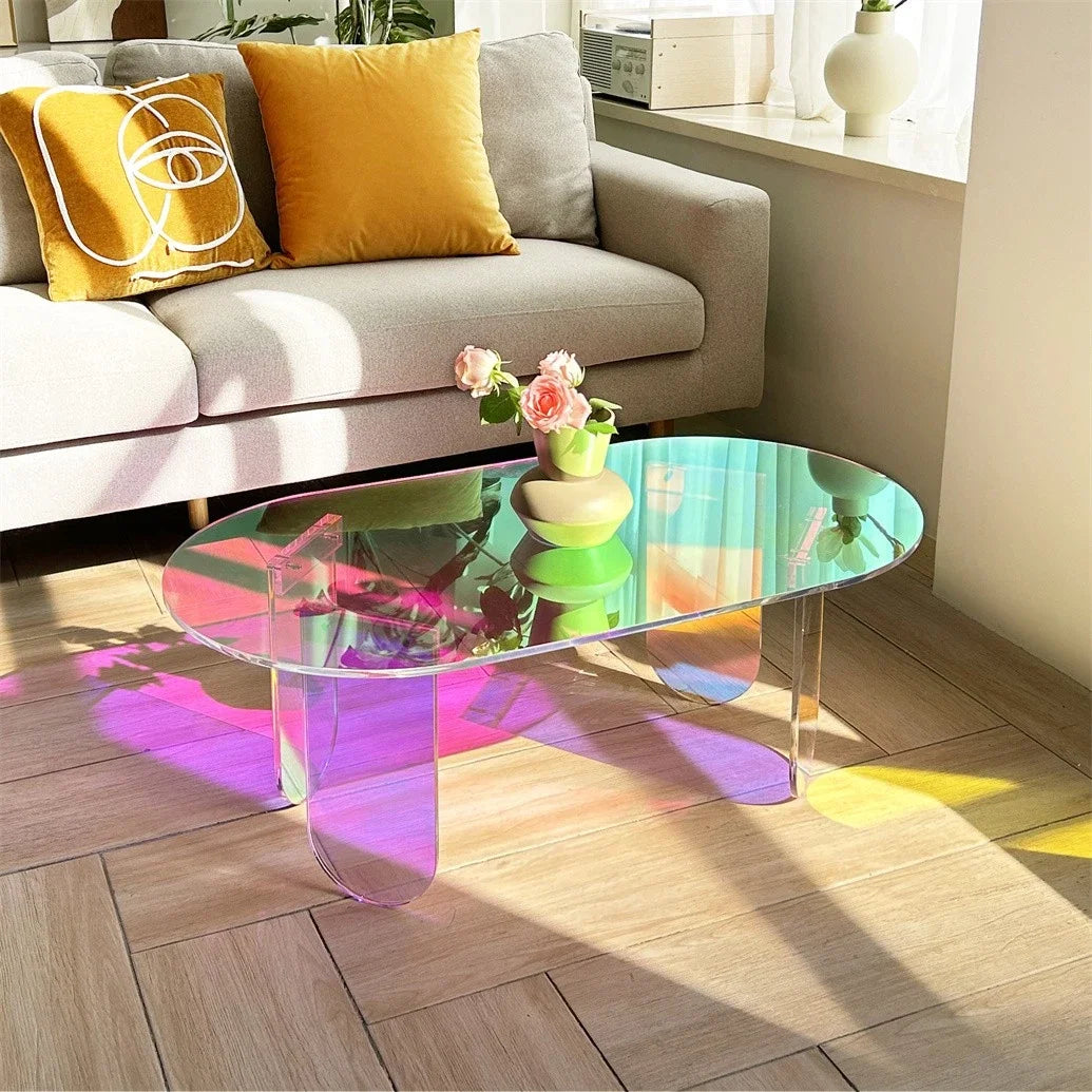 table basse moderne acrylic iridescente ovale minimaliste pieds translucides salon bureauDecorationDesignMeublesMaison