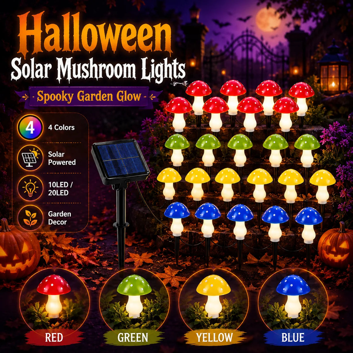 lampes solaires jardin champignons led multicolores rouge vert bleu jaune halloween decorationextérieur