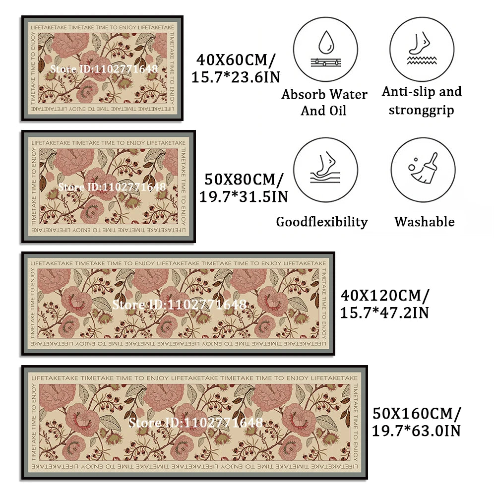 tapis cuisine antidérapant doux lavable motif floral beige rose vert gris sol maison