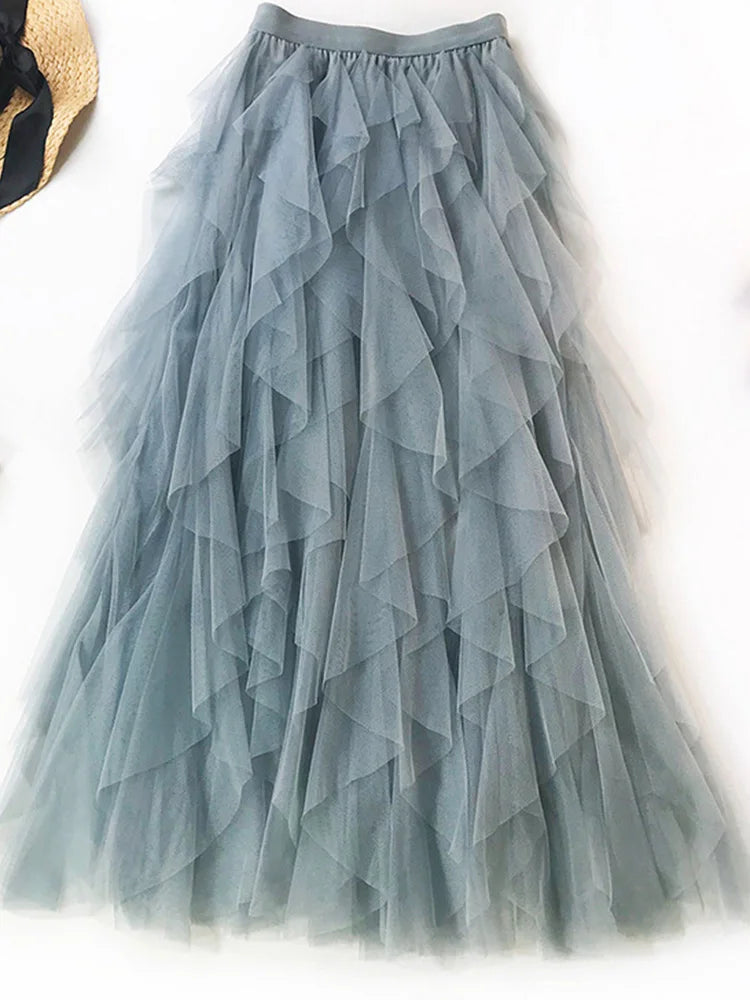 jupe féminine tulle élégante bleu clair noir rose pâle translucide plissée haute élasticité coton