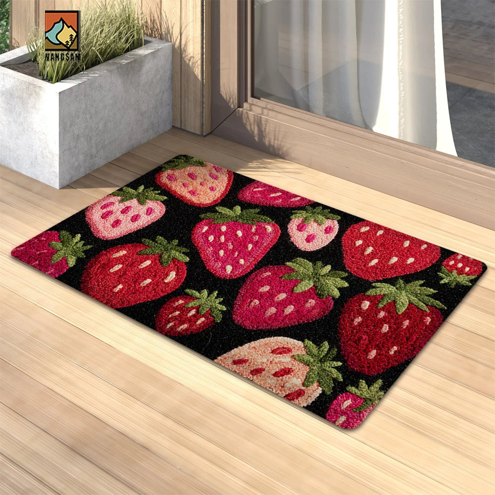 tapis moderne fraises noir rouge rose anti dérapant entrée bain couloir soft polyeste