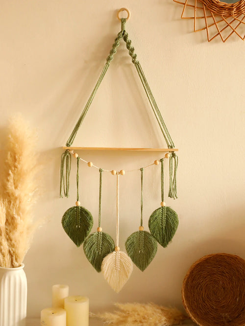 étagère suspendue macramé feuilles vert olive bois décor boho présentoir mural étagère flottante artisanal
