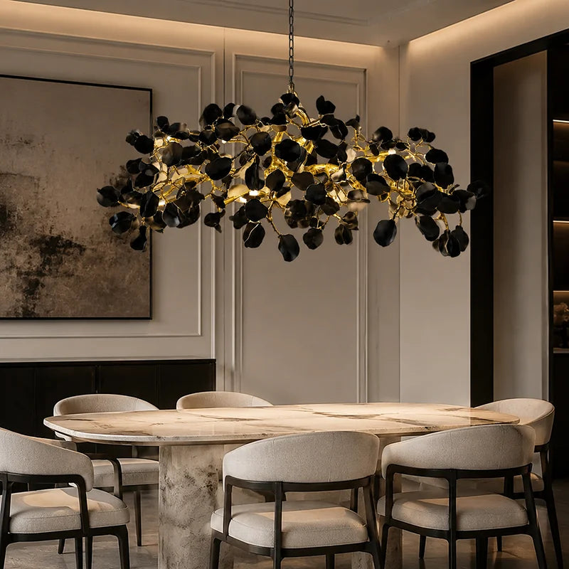 lustre suspendu céramique noir doré forme pétale fleur moderne salon salle manger luxe