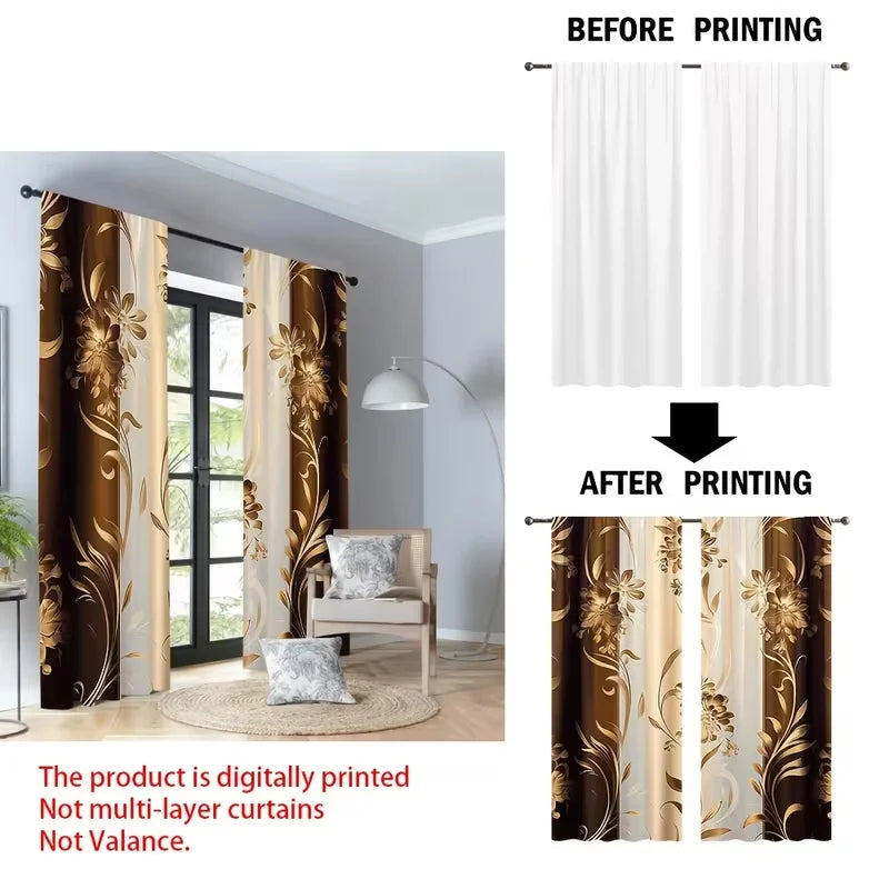 rideaux polyester fleurs dorées marron moderne fenêtre 24x59 30x65 41x91 51x83