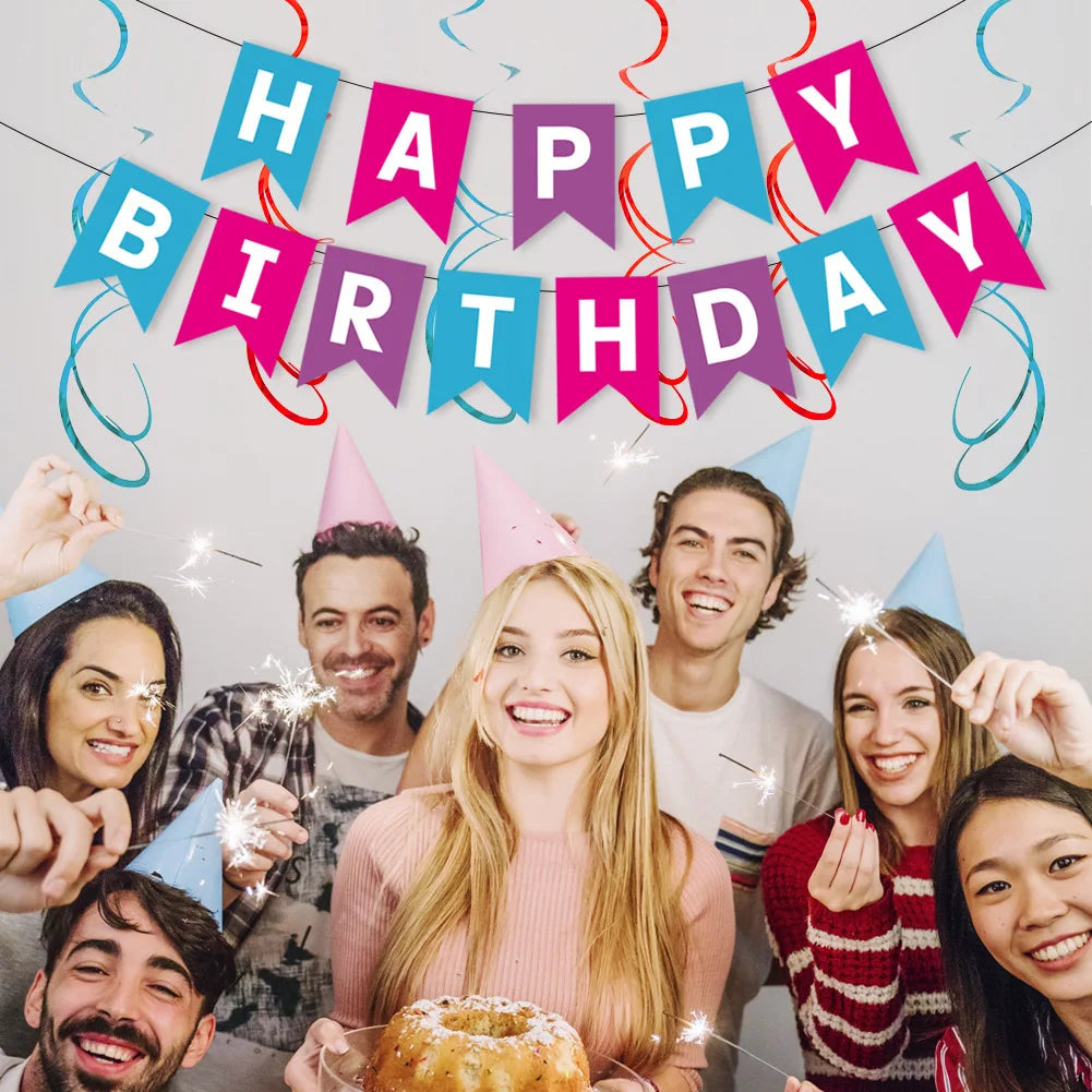 guirlande fanions happy birthday bleu rose noir gris vert turquois festif anniversaire enfant mariage
