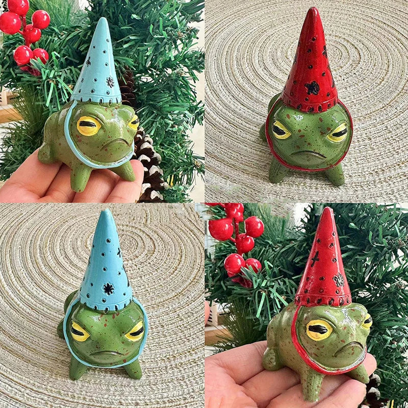 statuette grenouille peinte résine chapeau sorcière verte rouge bleue points noirs contemporaine extérieure ornement