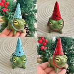 statuette grenouille peinte résine chapeau sorcière verte rouge bleue points noirs contemporaine extérieure ornement