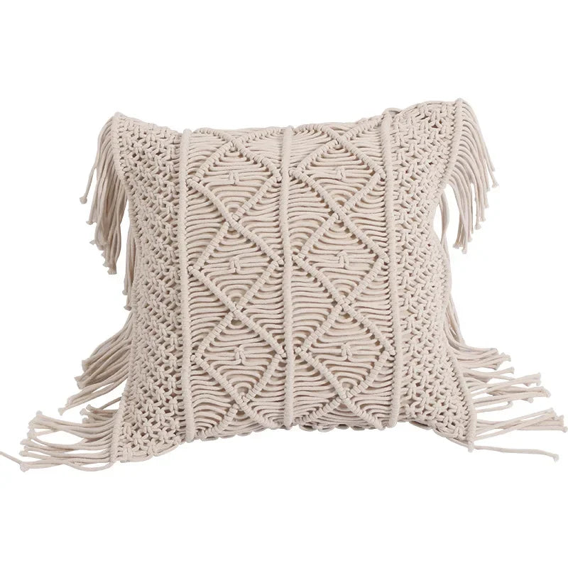 coussin tissé main bohème motif géométrique beige carré coton décoratif lit simple opacité sans