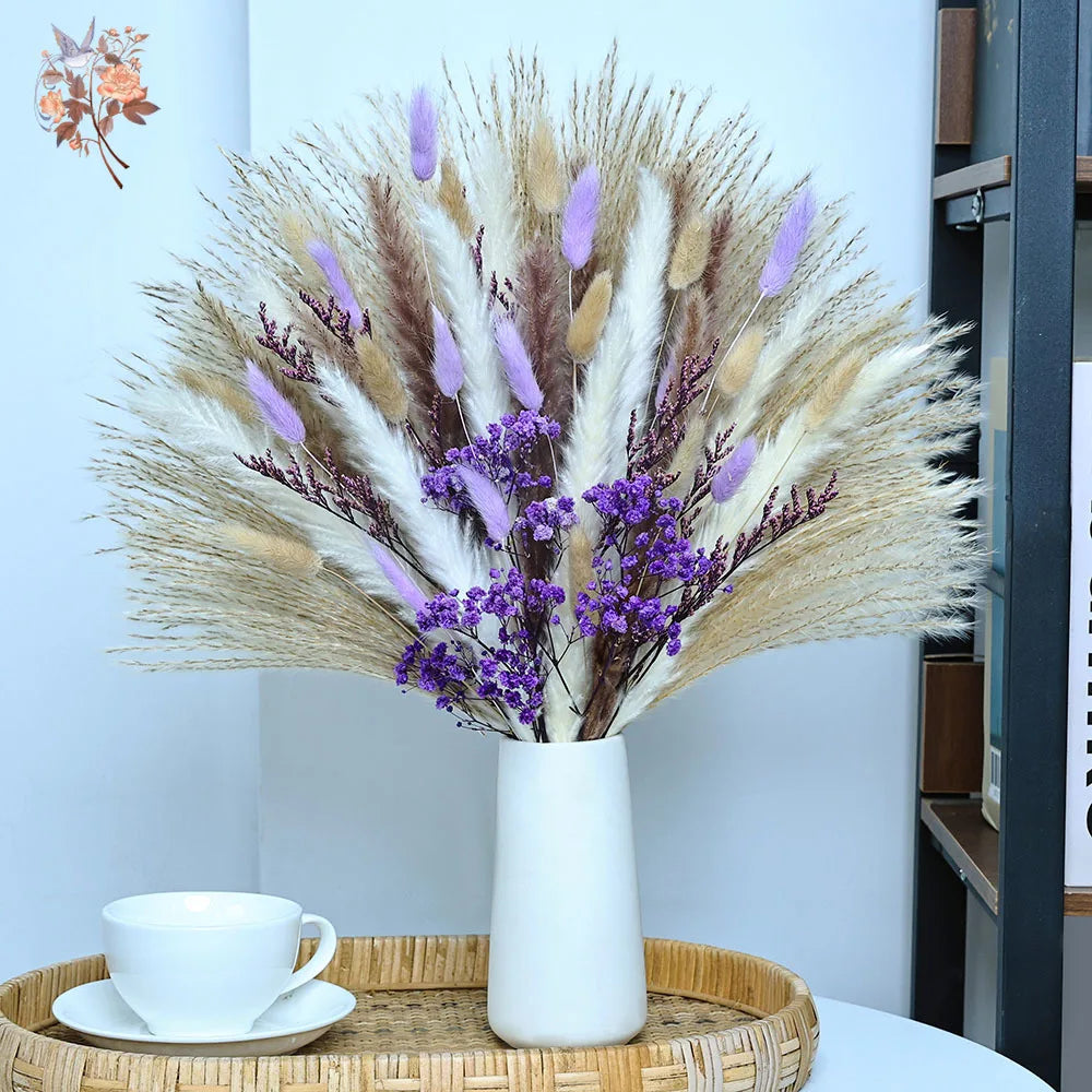 bouquet fleurs séchées naturel pampas violet beige intérieur décoration anniversaire baby showerHomeAssemblier