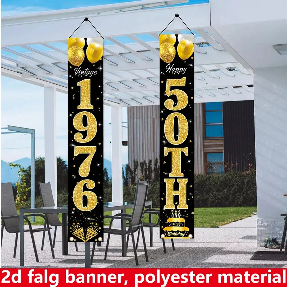bannière fête anniversaire noir doré lettres ballons étoiles 180cm 30cm vintage clips
