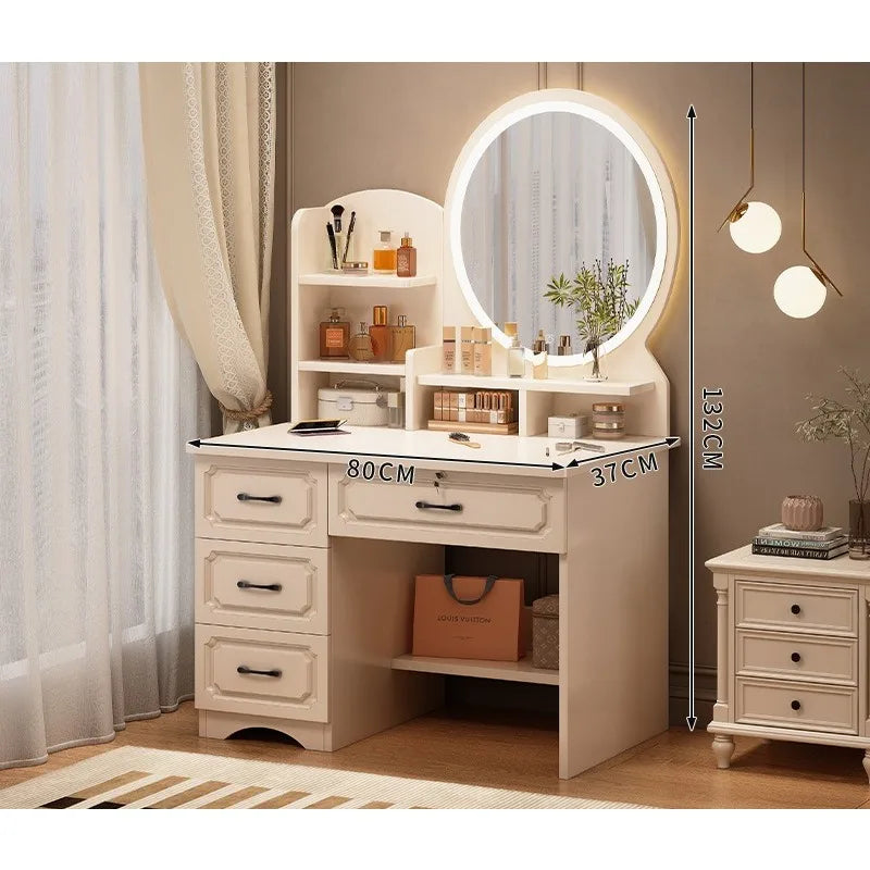 table maquillage moderne bois blanc tiroirs miroir étagère tabouret tapis poignées noires chambre minimaliste