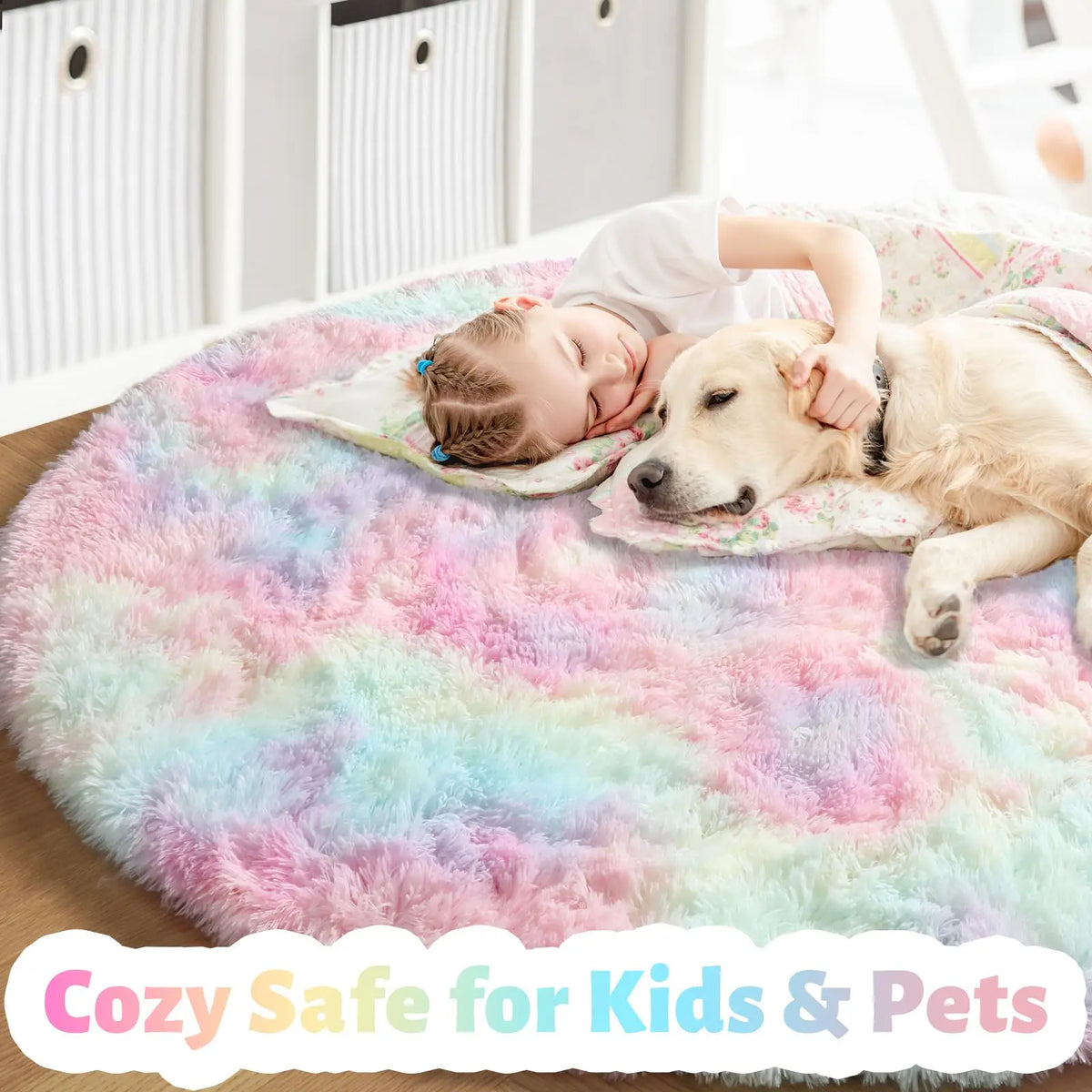 tapis rond peluche multicolore doux chambre enfant décor moderne moelleux pastel sol