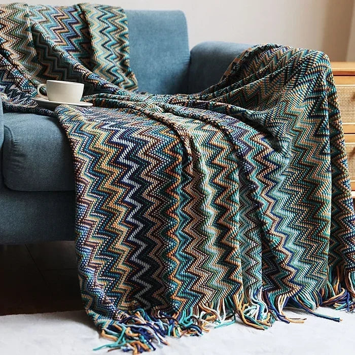 couverture multicolore zigzag ethnique portable anti boulochage acrylique polyester adultes printemps automne voyage maisonhôtel