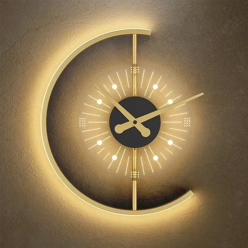 horloge murale moderne or noir lumineuse éclairage led fixée mur minimaliste