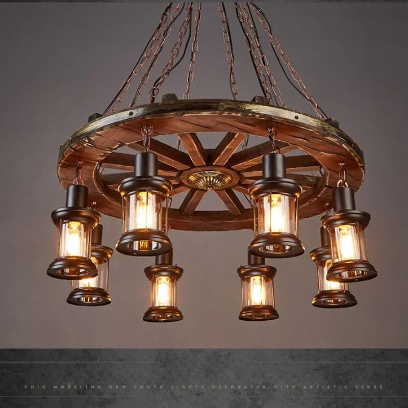 Suspension lumineuse industrielle marron doré verre translucide ampoules métal bois vintage
