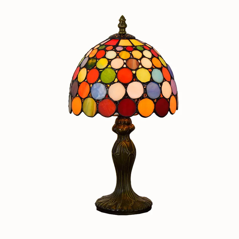 lampe table tiffany multicolore verre translucide abat jour motifs circulaires base sculptée vintage 36cm