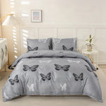 housse couette papillons noirs blancs moderne gris clair taies oreiller ensemble literie polyester