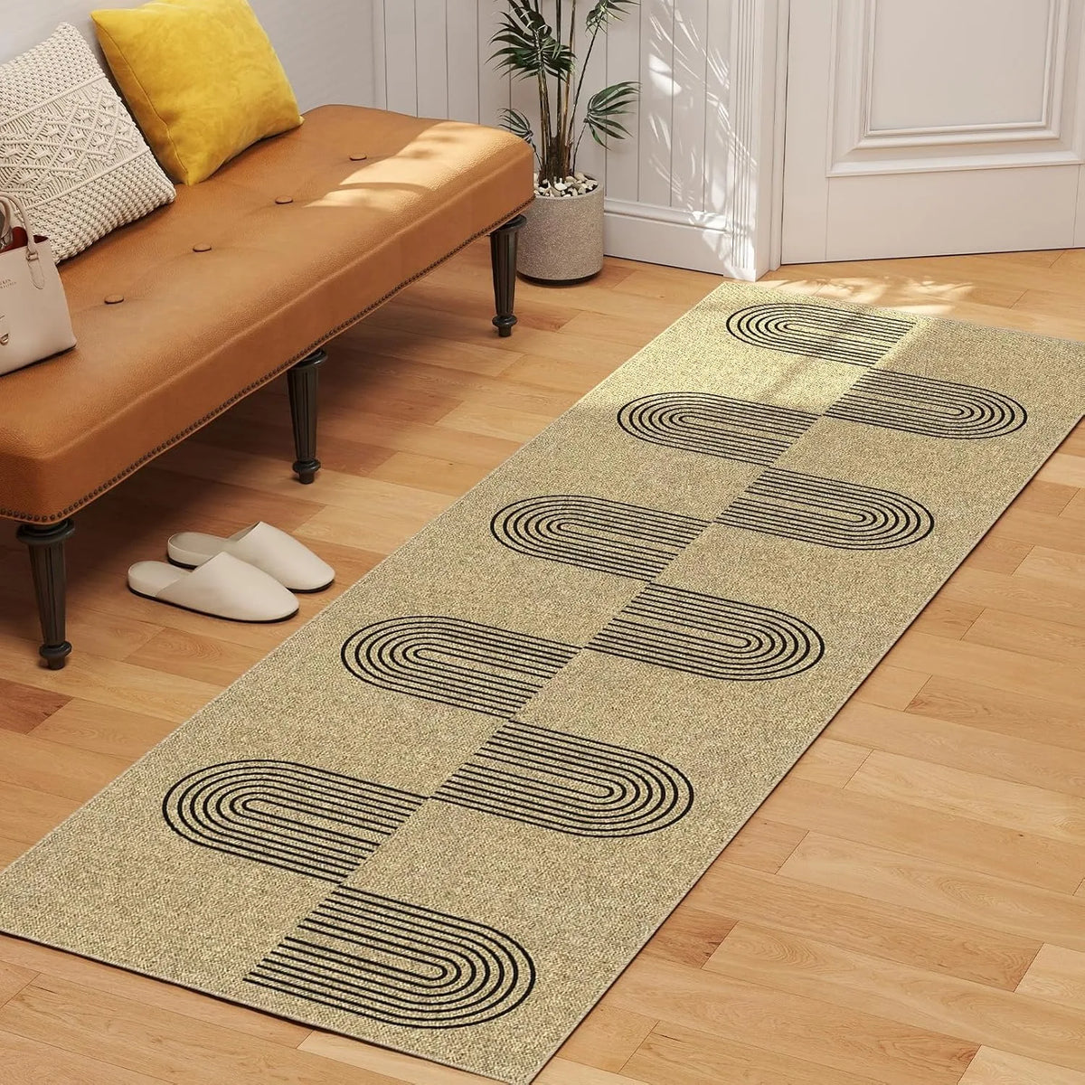 tapis sol antidérapant imperméable résistant saleté polyester PVC moderne minimaliste beige lignes noires
