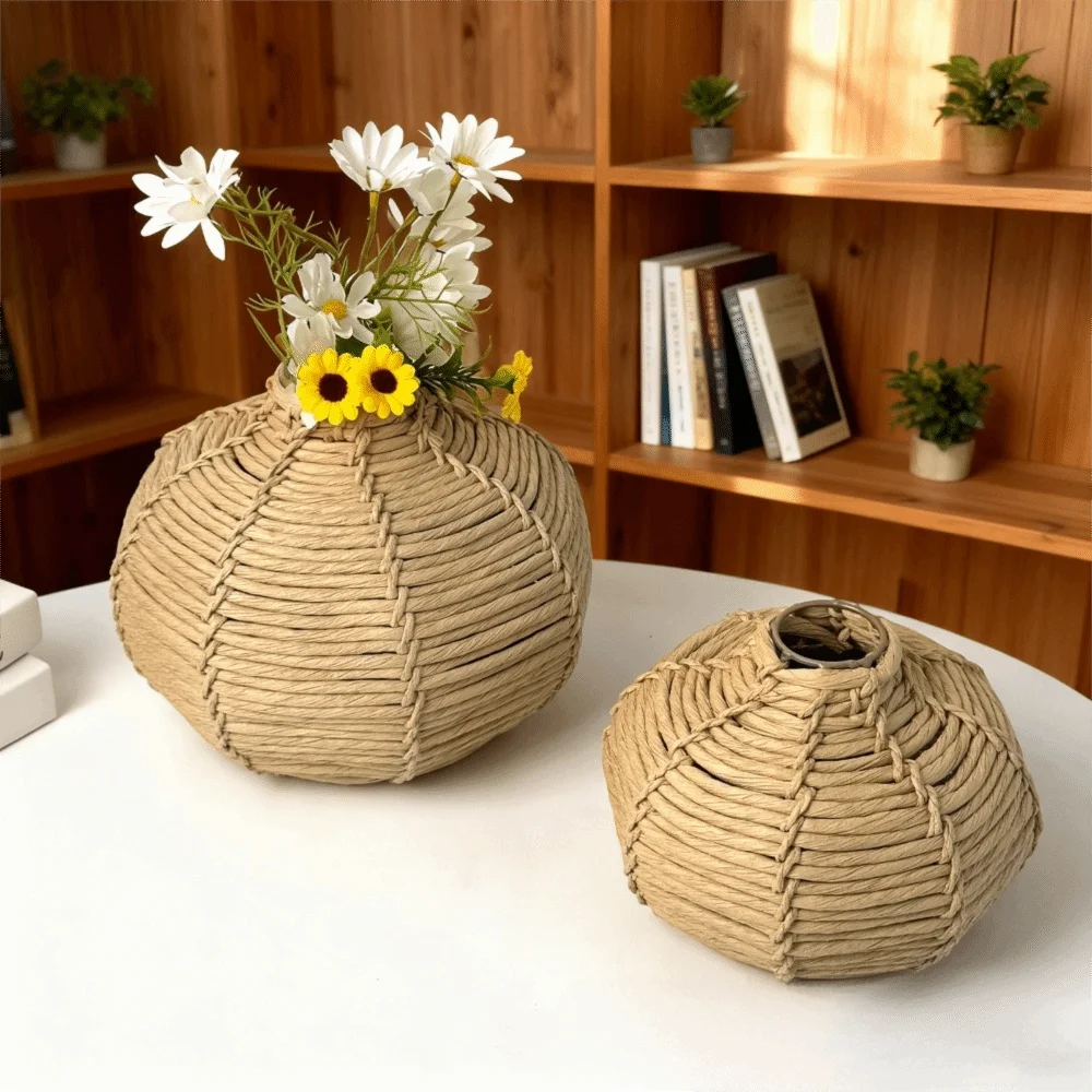 vase tissé main vert olive orange beige rustique artisanal