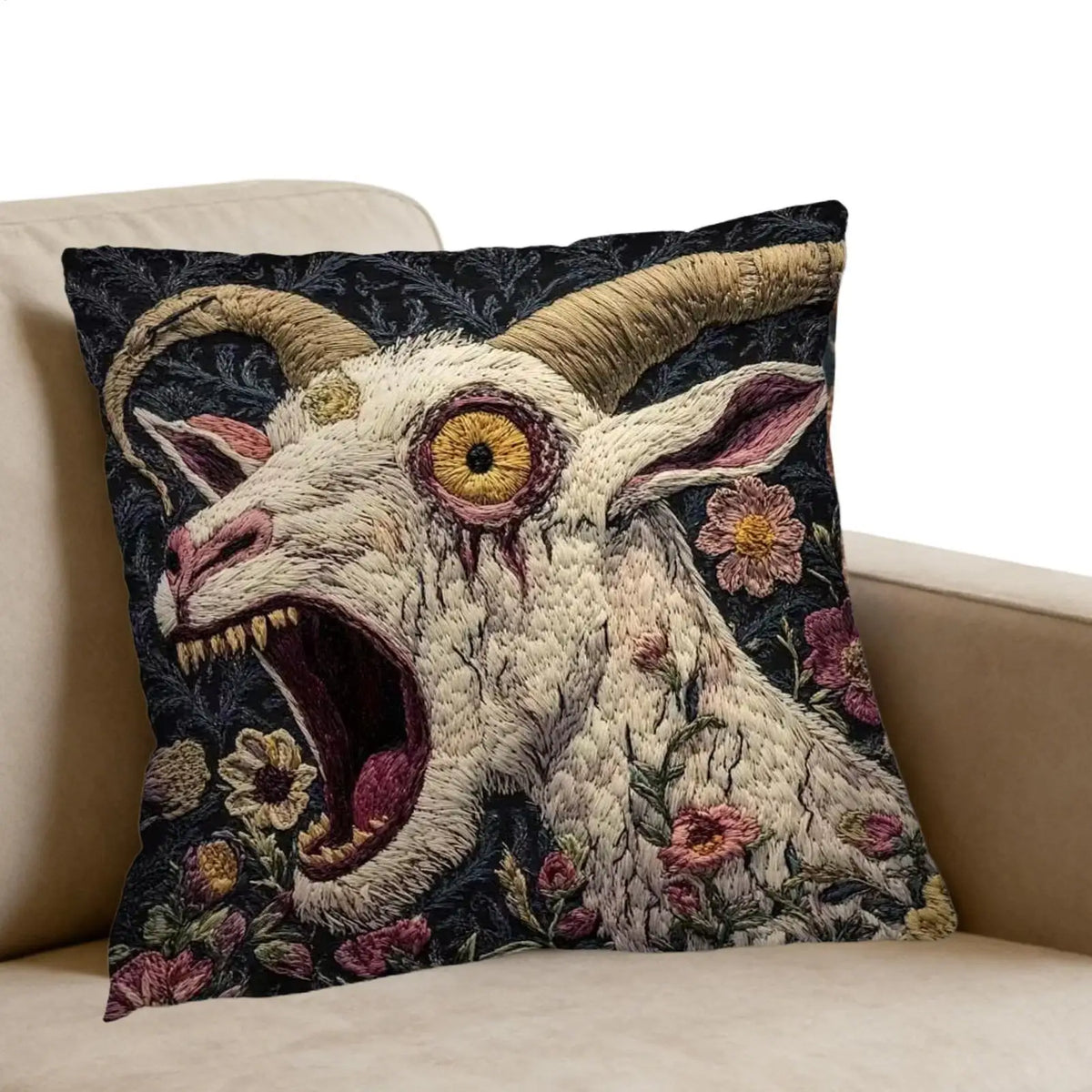 housse coussin coton motif chèvre tête fleur vintage bleu foncé décoration canapé lit