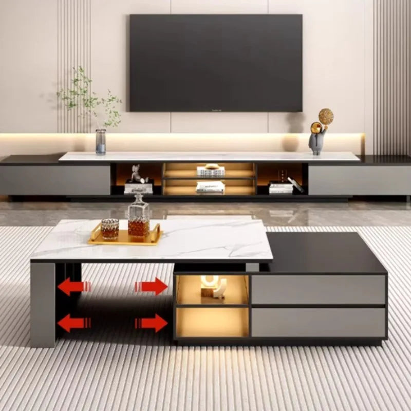 meuble tv moderne gris blanc marbre tiroirs rangement salon