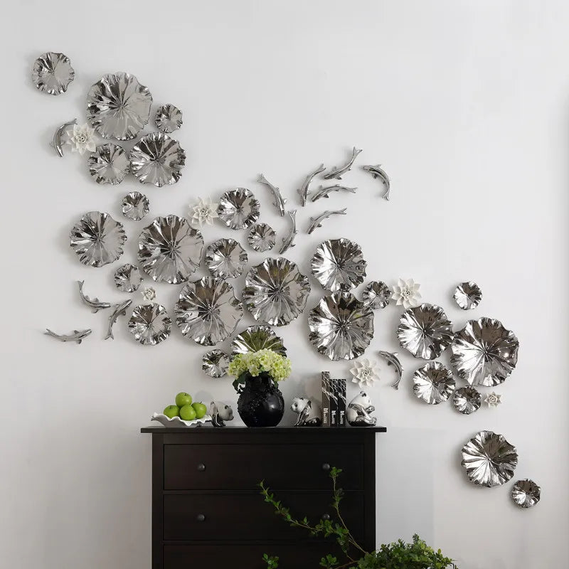 décoration murale céramique fleurs branches dorées argentées blanc contemporain objet déco intérieur