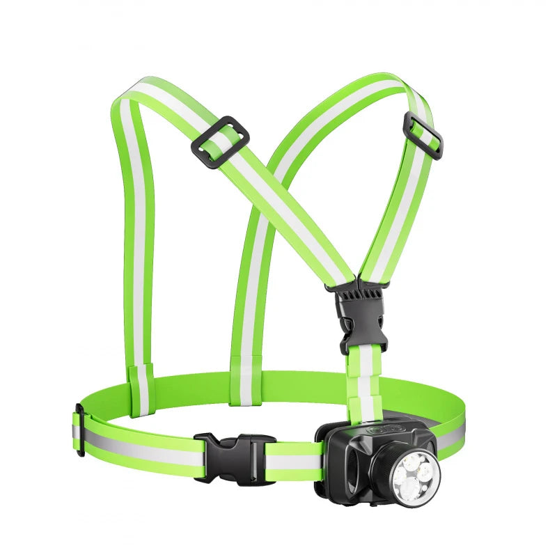 lampe torche frontale rechargeable vert fluo bandes réfléchissantes boucle ajustable modes lumière sportive moderne