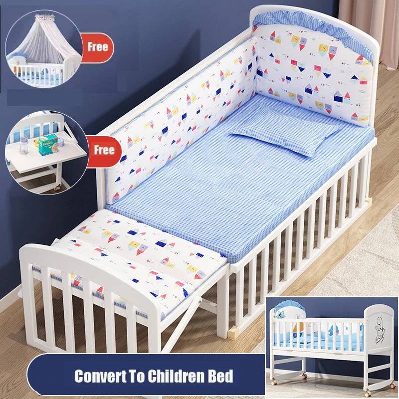 lit bébé multifonctionnel blanc imprimé marin matelas taie doreiller table langer roulettes moderne enfantin