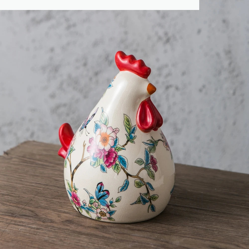 statue artisanale poulet couleur variée fleurs papillons décorative maison blanc rouge bleu verte jaune