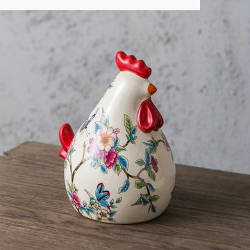 statue artisanale poulet couleur variée fleurs papillons décorative maison blanc rouge bleu verte jaune