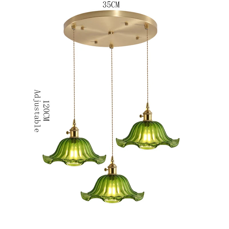 suspension lumineuse vintage transparente motifs floraux vert orange bleu