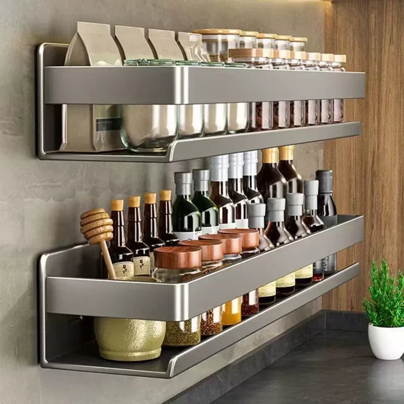organisateur cuisine étagères murales métal gris fixations multiples modernes condiments bouteilles rangement minimaliste transparents