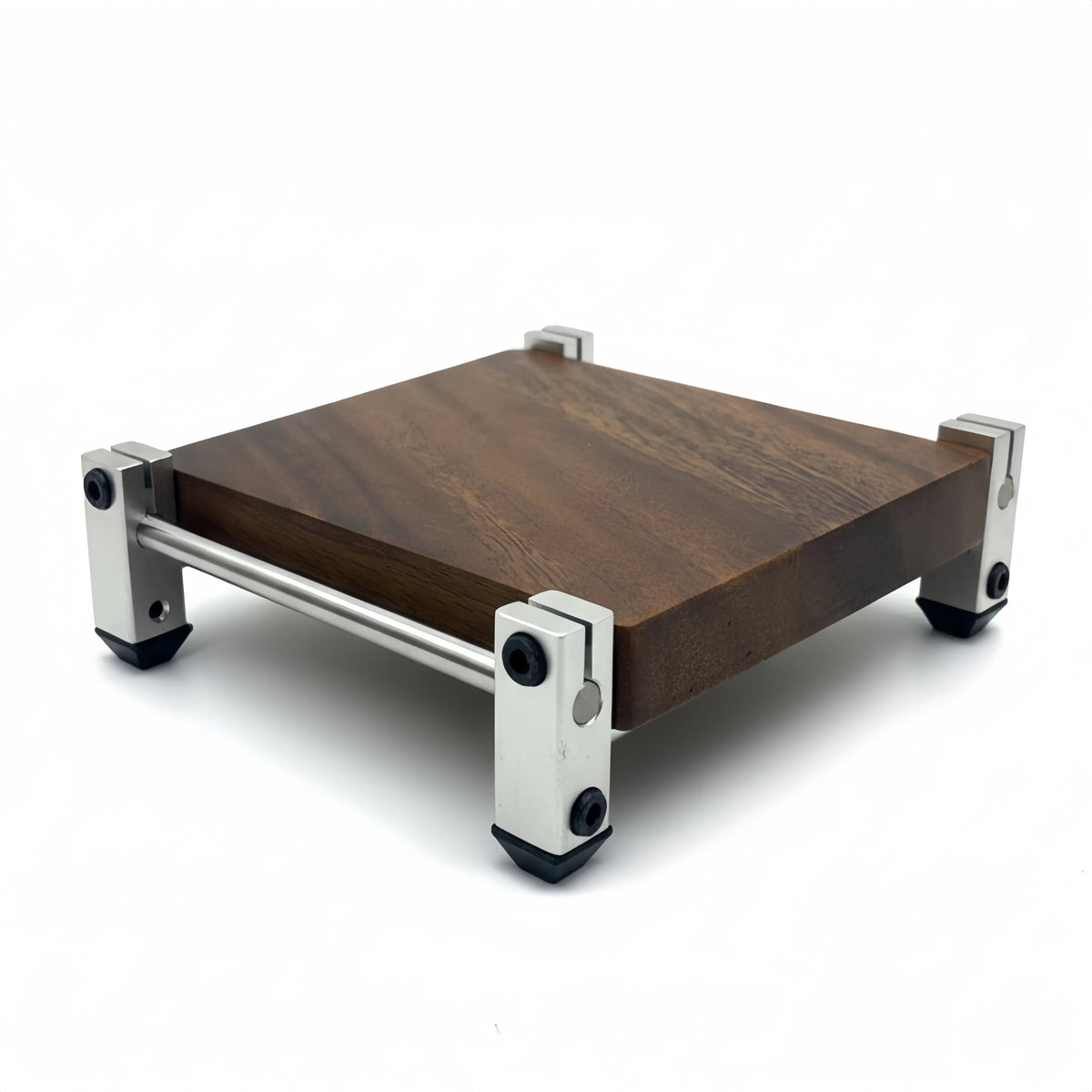 plateau table moderne bois marron foncé grain visible pieds ronds minimalistes