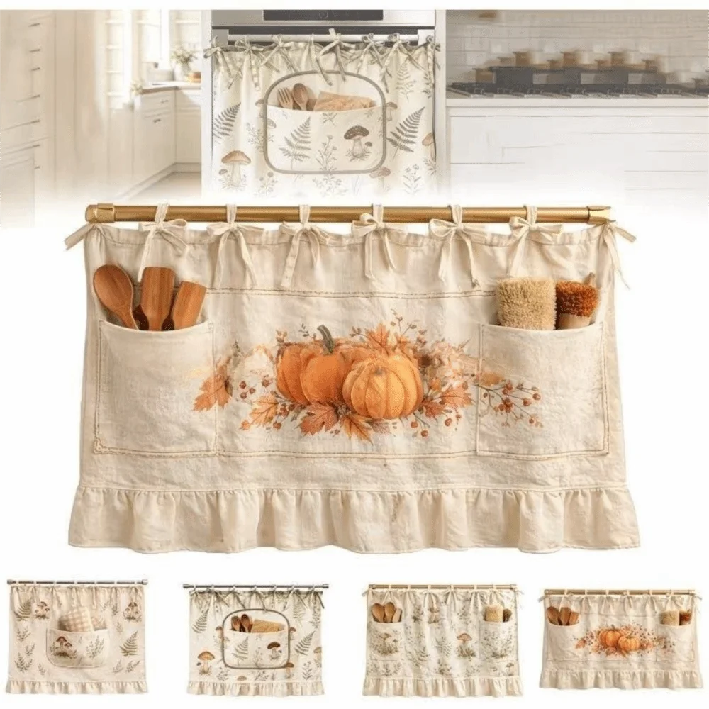 rideau cuisine rustique motif champignons beige poches accessoires 76 54 cm