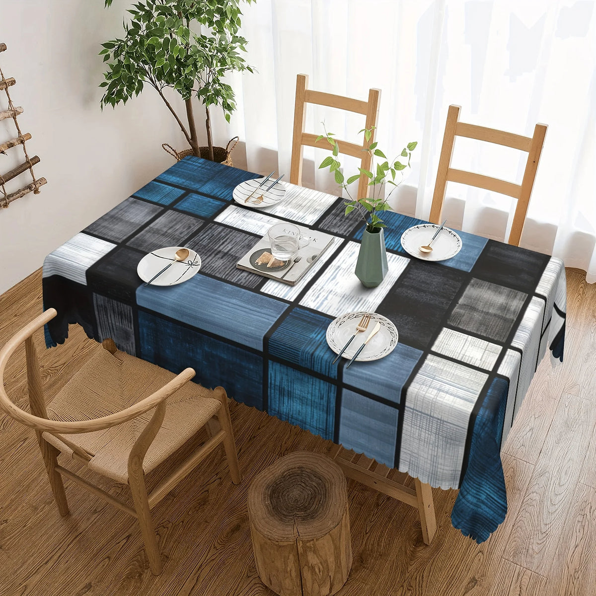 nappe table géométrique bleu marine noire blanche moderne réutilisable fête 140x180cm