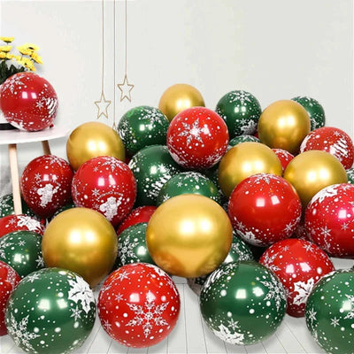 Ballons de Noël en latex vert et rouge avec imprimés flocons de neige
