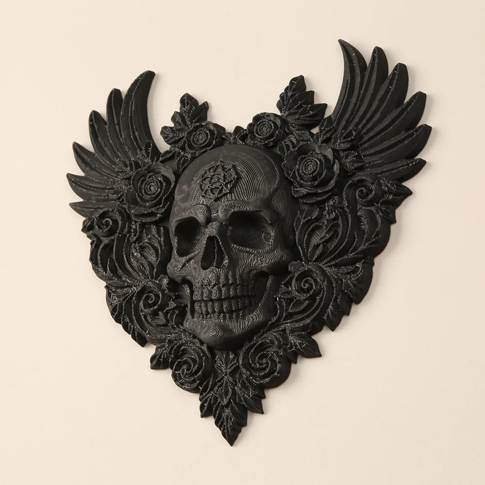décoration gothique murale crâne roses ailes sculpture noire intérieure