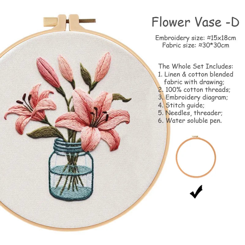 kit broderie fleurs vases multicolore traditionnel anneaux bois guide couture aiguilles fil coton