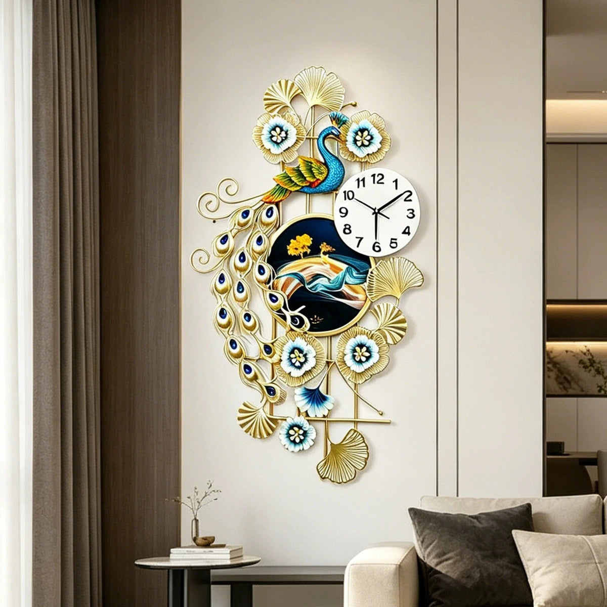 horloge murale paon plumes fleurs bleu doré moderne décoration intérieure fixations ornementales