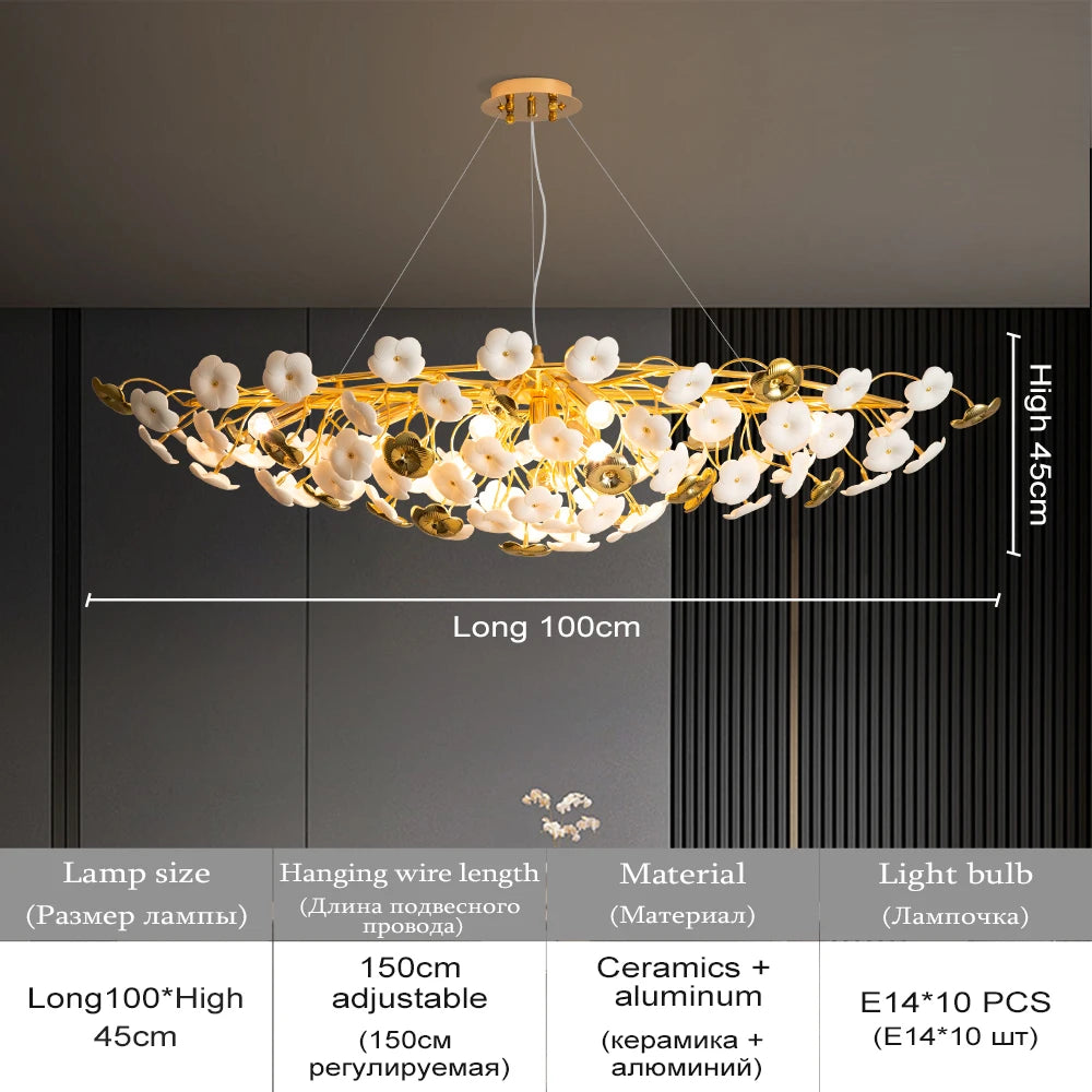 Suspension lumineuse contemporaine dorée fleurs stylisées salon chambre d'hôtel led sources lumière