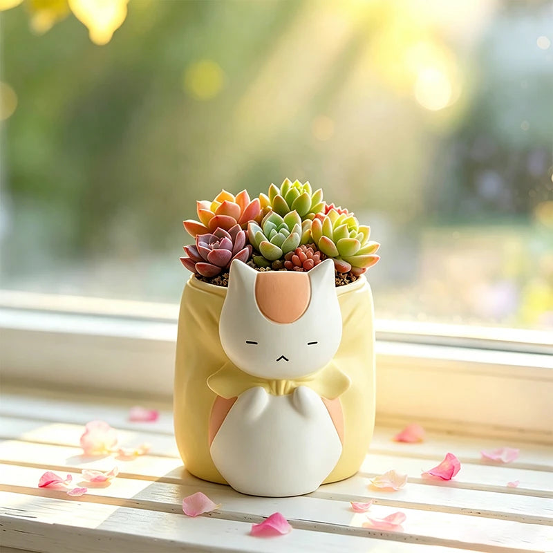 pot résine chat stylisé succulentes couleur jaune blanc orange décoration maison balcon fenêtre