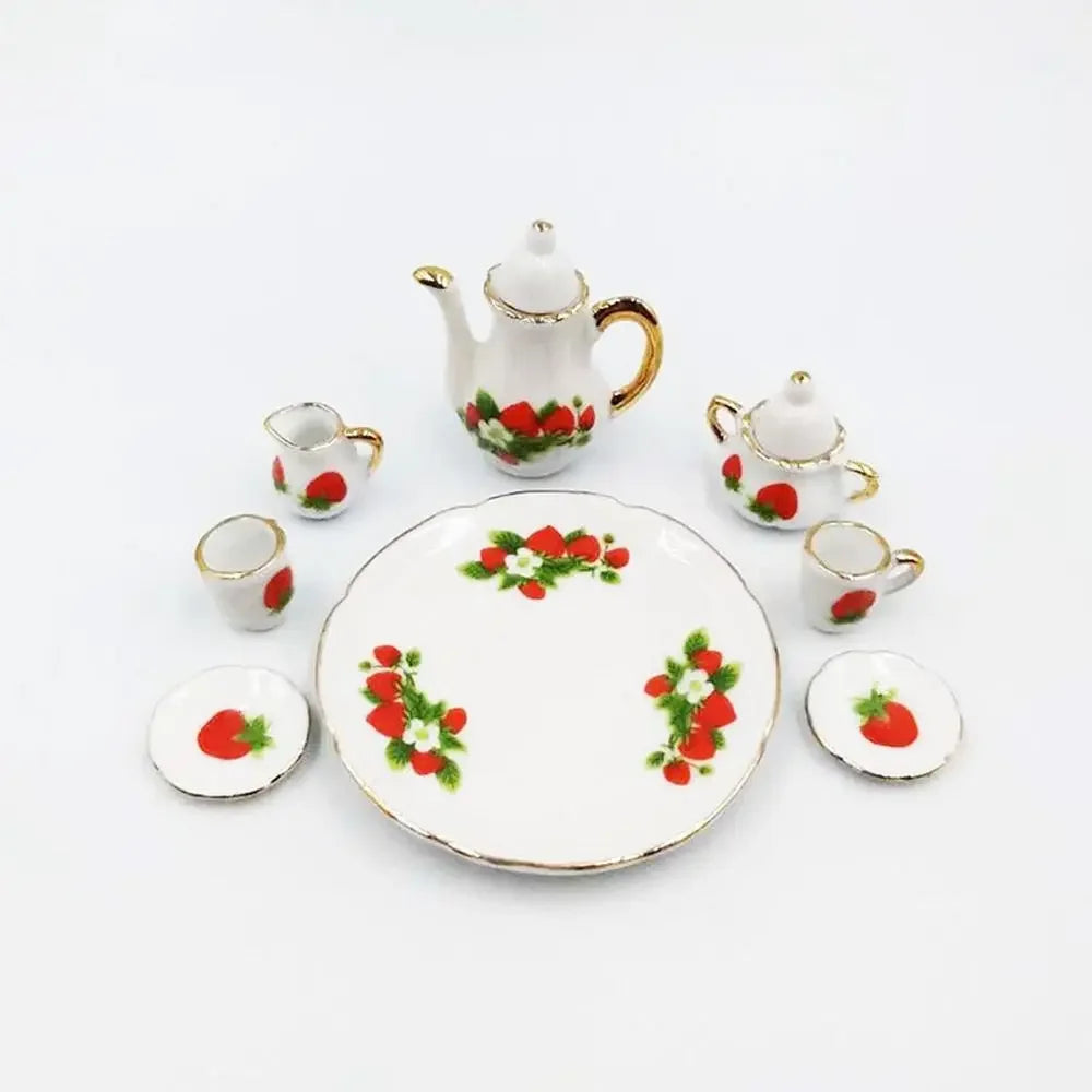 service thé miniature blanc bleu fleurs classique théière crème sucrier tasses assiettes