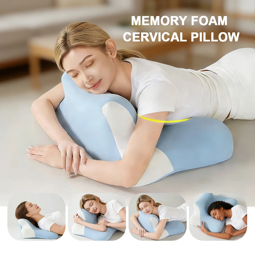 coussin cervical mousse mémoire forme bleu clair texture ergonomique alignement colonne vertébrale relaxation sommeil