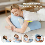 coussin cervical mousse mémoire forme bleu clair texture ergonomique alignement colonne vertébrale relaxation sommeil