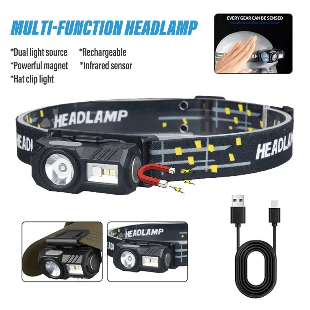lampe frontale led rechargeable clip aimant bandes elastics couleurs multiples utilitaire camping fishing
