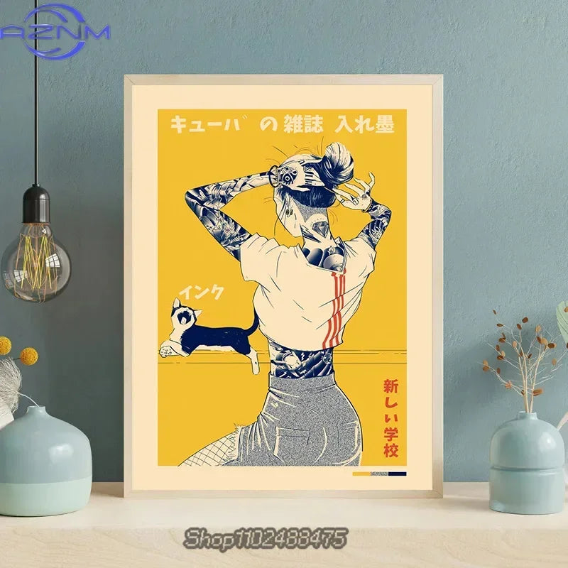 affiche toile tatouée fille jaune gris contemporaine graphique sans cadre decoration salon carré aquarelle