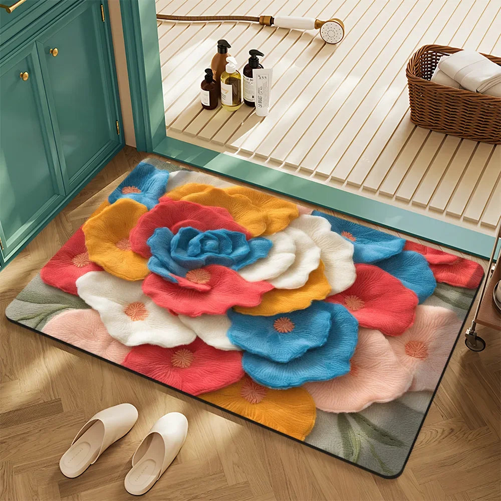 tapis moderne floral relief vert foncé rose blanc entrée bain lettres cœur feuilles