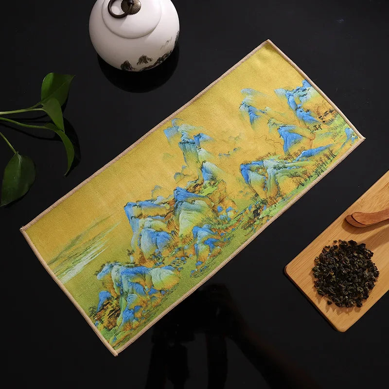 serviettes thé vert bleu beige peinture chinoise motifs floraux art traditionnel zipper cuisine